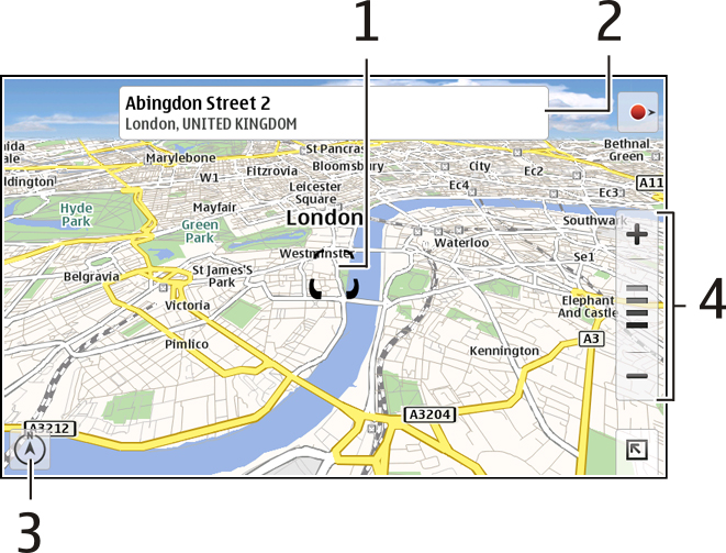 96 Finne og vise plasseringer Vise gjeldende plassering Velg. Zoome i kartet Velg + eller -, eller velg og land-, stat-, by- eller gatevisning.
