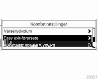 Instrumenter og betjeningselementer 105 Auto. avising bak: Aktiverer oppvarming av bakrute automatisk. Komfortinnstillinger Varsellydvolum: Endrer volumet på varsellydene.