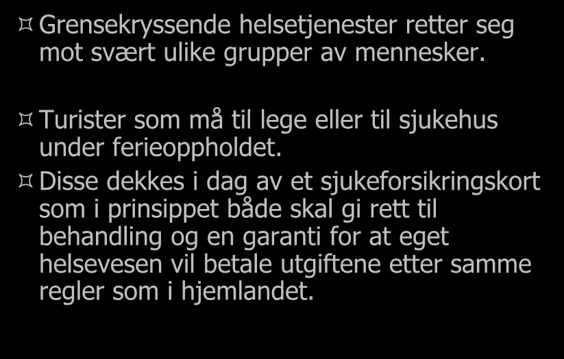 Et sammensatt tjenestebilde Grensekryssende helsetjenester retter seg mot svært ulike grupper av mennesker. Turister som må til lege eller til sjukehus under ferieoppholdet.