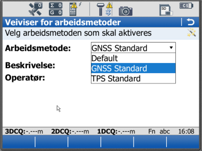 9 Velg Arbeidsmetode Til slutt bør du sjekke om du har valgt riktig Arbeidsmetode Denne inneholder standard oppsett som eks: måle med/uten GLONASS, Rover antennehøyde, Kvalitetskontroll,