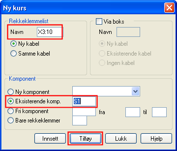 16.12.2008 121 Skjema/Automasjon 2. Oppe til venstre i dialogen nedenfor velges første rekkeklemmenummer for gjeldende komponent og om den skal kobles til egen eller samme kabel som forrige komponent.