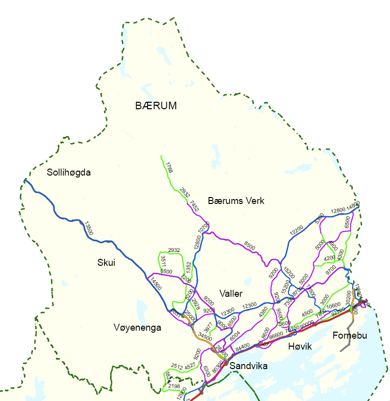 19 Trafikktall for veier i Bærum 2007 Reisevaner i Oslo og Akershus har vært undersøkt av Transportøkonomisk institutt (ref. 10).