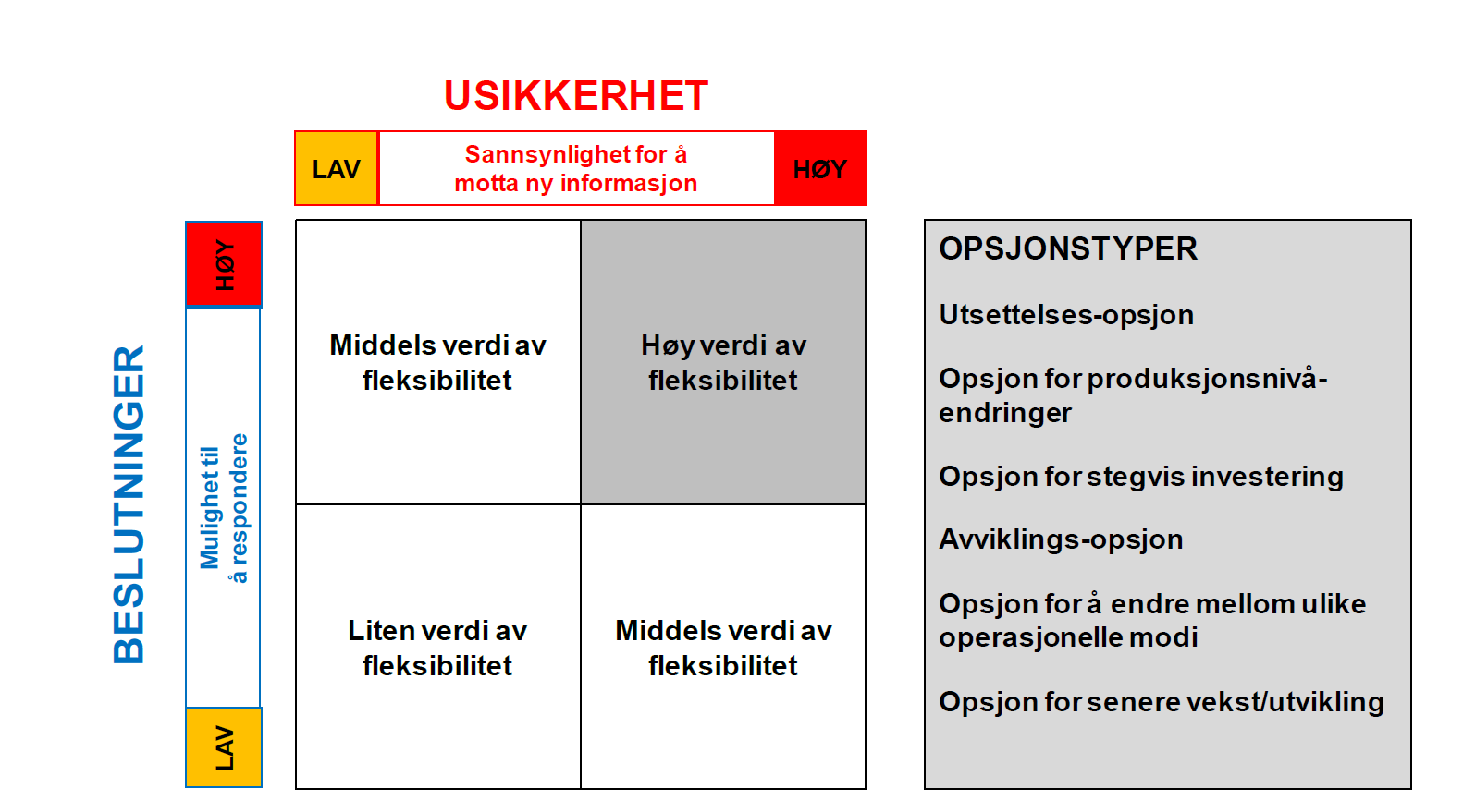 Figur 5-1 Realopsjoner (verdi av fleksibilitet) Kilde: Terramar I figuren over er en rekke ulike opsjonstyper listet opp.