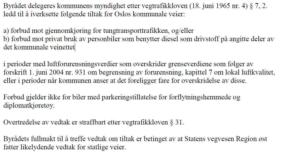 Akuttiltak: Vedtak om dieselbilforbud på dager med høy luftforurensning -Bystyrevedtak 13.06.