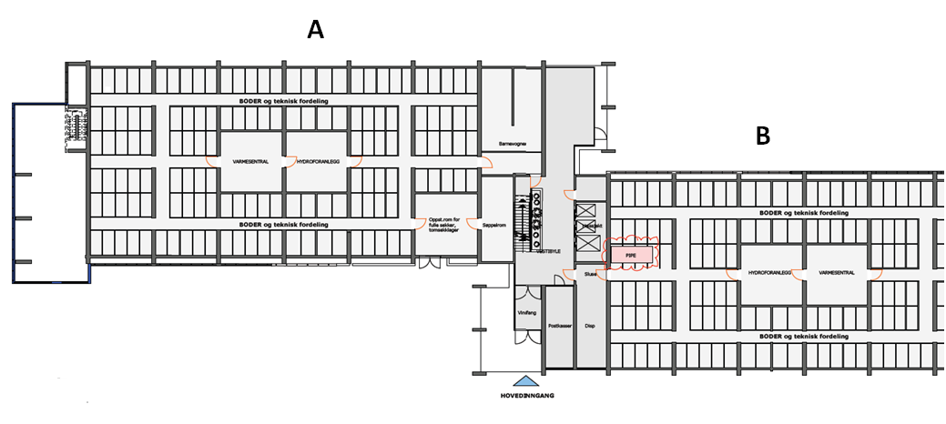Figur 1 Planløsning Tveita borettslag (PX-Gruppen, 2010) A: Sørfløy B: Nordfløy Figur 1 illustrerer planløsningen for utgangsetasjen, der det er plassert boder for brukerne og gjort plass til
