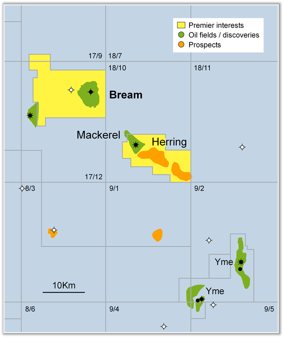 2.5 Andre funn og prospekt i området Innenfor PL406, ca 16 km mot sørøst fra Bream, finnes Mackerel-funnet (brønn 18/10-1), og et nærliggende prospekt Herring.