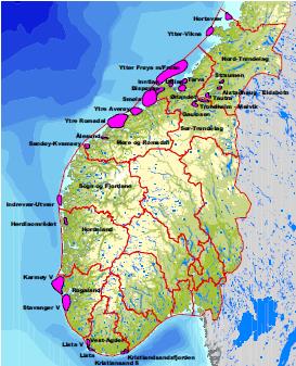 Utbredelsen til viktige hekkebestander av sjøfugl i Nordsjøen er vist i Figur 4.5.