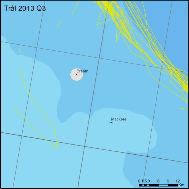 Figur 5.4 Norsk fiske med bunntrål i 2013. Registrert norsk trålfiske i området som berøres av den planlagte utbyggingen.