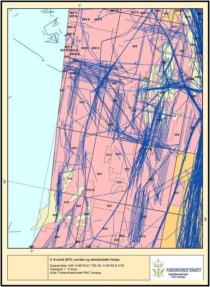 Plan for utbygging, anlegg og drift av Hild Figur 8-11e. Sporingsdata 1. kvartal 2010 for norske og utenlandske fartøy. Plassering av Hild er indikert med rød sirkel. Figur 8-11f. Sporingsdata 2.