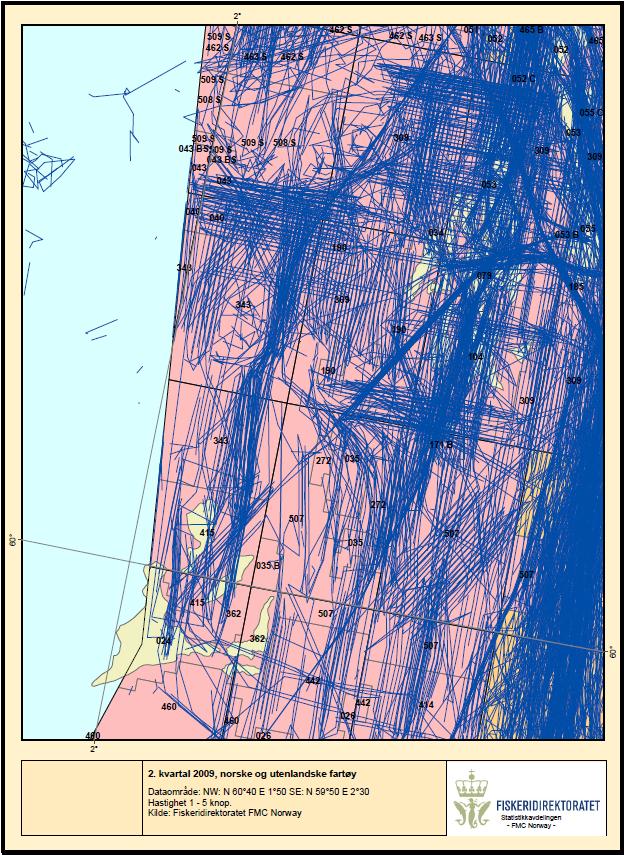 kvartal 2009 for norske og utenlandske fartøy. Plassering av Hild er indikert med rød sirkel. Figur 8-11c. Sporingsdata 3. kvartal 2009 for norske og utenlandske fartøy.