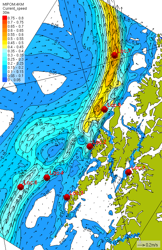 Figure 2: Middelstrøm for Lofoten-Vesterålen over perioden 1986-1995 basert på strømsimuleringer hentet fra