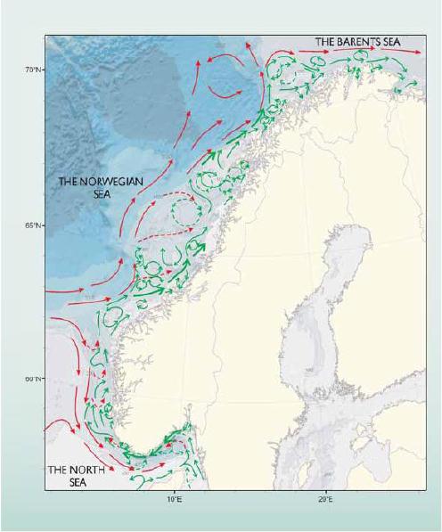 Figur 4.2 Antlanterhavsstrøm (røde piler) og Kyststrømmen (grønne piler) langs norskekysten. 4.1.1 Målt strøm, resultat 0.50 330 345 315 0.40 0.30 300 0.20 285 0.