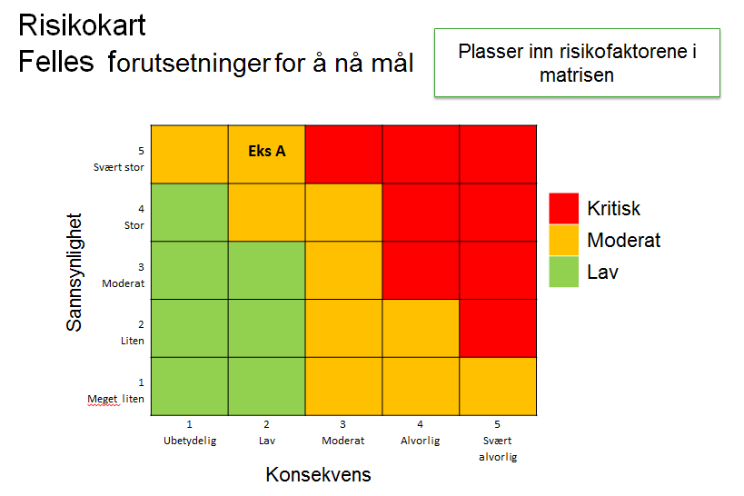 På bakgrunn av denne analysen kan vi lage et risikokart ved å plassere hver enkelt risikofaktor inn i matrisen. Kartet vil vise hvor den største risikoen er for at innføringen kan feile.