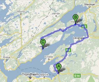 Ferjeruter fra Flakk (Trondheim): Fra Stjørdal/ Trondheim lufthavn Værnes: Alternativ 1 er å reise via Trondheim og benytte ferjesambandet Flakk Rørvik, som beskrevet over.