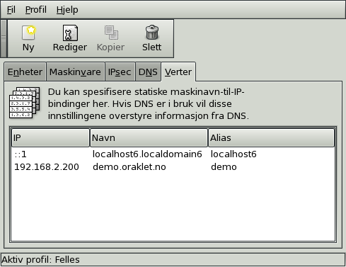 Tilrettelegging: /etc/hosts demo:demo11g> vi /etc/hosts # Do not remove the following line, or various programs # that require network functionality will fail.