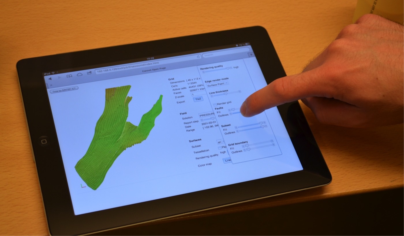 Figure 1: Using Tinia to interact with the model of a large oil reservoir, something previously only possible on a heavy duty workstation.