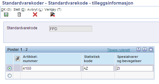 Kapittel 3 (Europa) Konfigurere EU-funksjonalitet Skjermbildet Standardvarekode - tilleggsinformasjon Statistisk kode Spesialvarer og -bevegelser Angi tilleggskoden for Intrastat-rapportering.