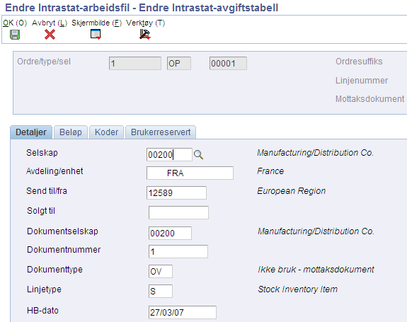 Kapittel 4 (Europa) Bruke EU-funksjonalitet Skjermbilde som brukes til å endre Intrastat-informasjon Skjermbildenavn Skjermbilde-ID Navigering Bruk Endre Intrastat-avgiftstabell W0018TE Periodisk