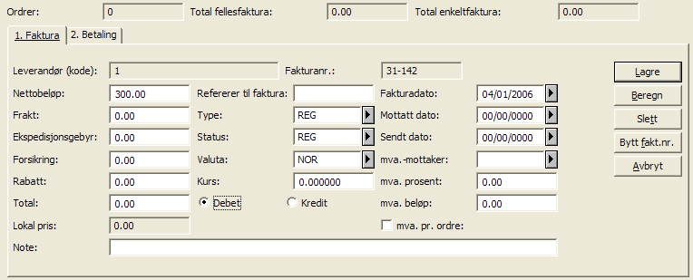 Fyll som minimum ut nettobeløp og fakturadato i registreringsruten. Klikk på Lagre. Hvis du oppdager at fakturanummeret ikke er korrekt, kan du endre det ved trykk på Rett fakturanr.