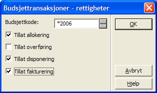 Man kan legge til rettigheter for alle budsjettene i et gitt år. Skriv inn *-2006 for å tildele rettigheter for alle budsjetter i 2006. Klikk på Legg til og fyll ut f.eks.