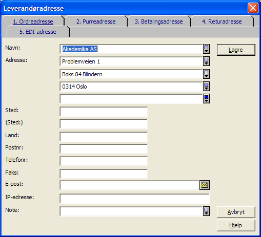 2.2.1.1.Leverandøradresse Hvis alle adressene er identiske, kan du klare deg med å registrere ordreadressen på fanekort 1.