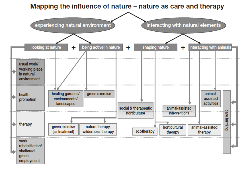 Haubenhofer et. al (2010) fremstiller et forslag til oversikt over bruk av natur i omsorg og terapi (fig.2).