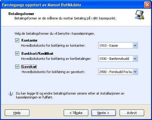 KOM I GANG Kasseskuff er tilkoblet Innstilling for om systemet skal håndtere kasseskuff ved avslutning av salg. Velg aktuell driverrutine.