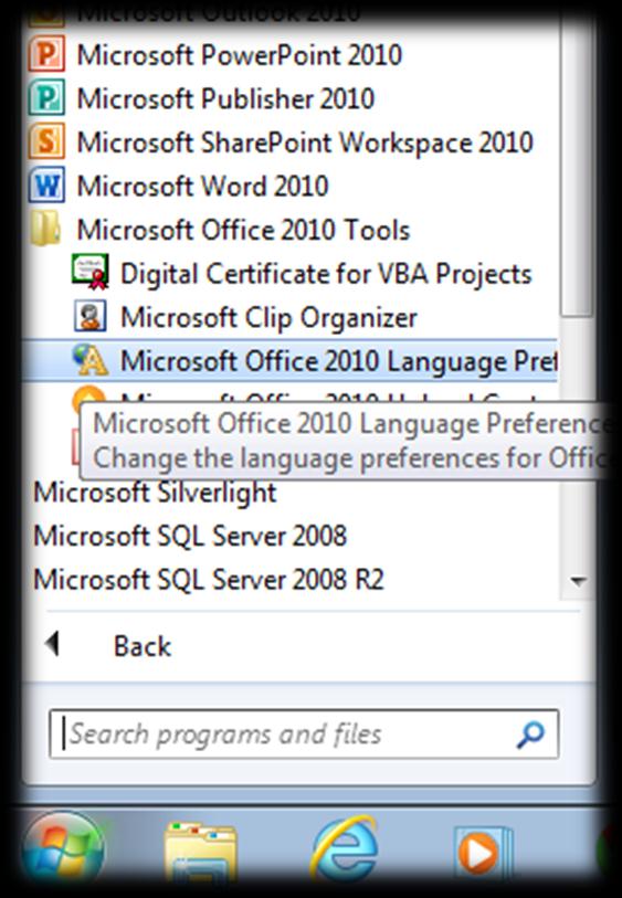 Språk Start all programs Microsoft Office Microsoft Office 2010 tools