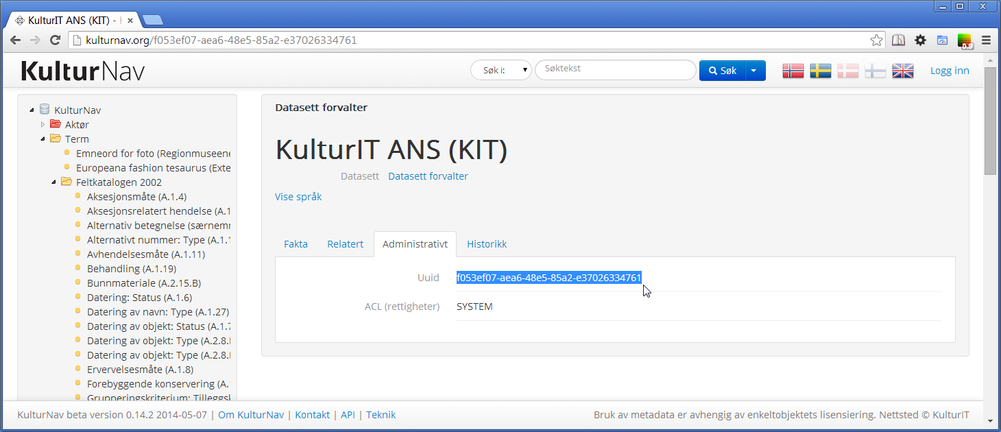 Endringer fra versjon 5.6.5 til 5.7 6 For KulturIT ANS ser det slik ut: Figur 4: Skjermutsnitt fra KulturNav som viser objektsiden til en datasett forvalter.