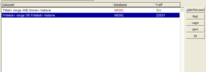 2.5 ehistorikk liste over søkesett. Den nederste ruten viser informasjon om resultatet av søket, som søkeuttrykk, database og antall treff.