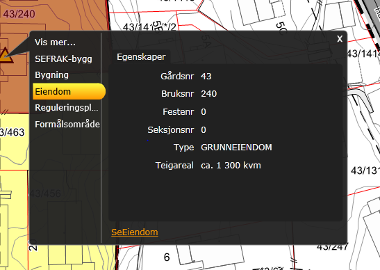 Informasjon om kartobjekter får man ved å klikke med venstre mustast i kartet. Man får da informasjon om alle tilgjengelige kartobjekter i punktet.