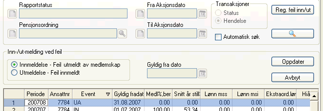 Endre feilaktig innmeldelse Når du skal endre en feilaktig innmeldelse kontrolleres om det er dannet innmeldingsevent (IN). Du får forslag til gyldighetsdato kan endres om nødvendig og trykk oppdater.