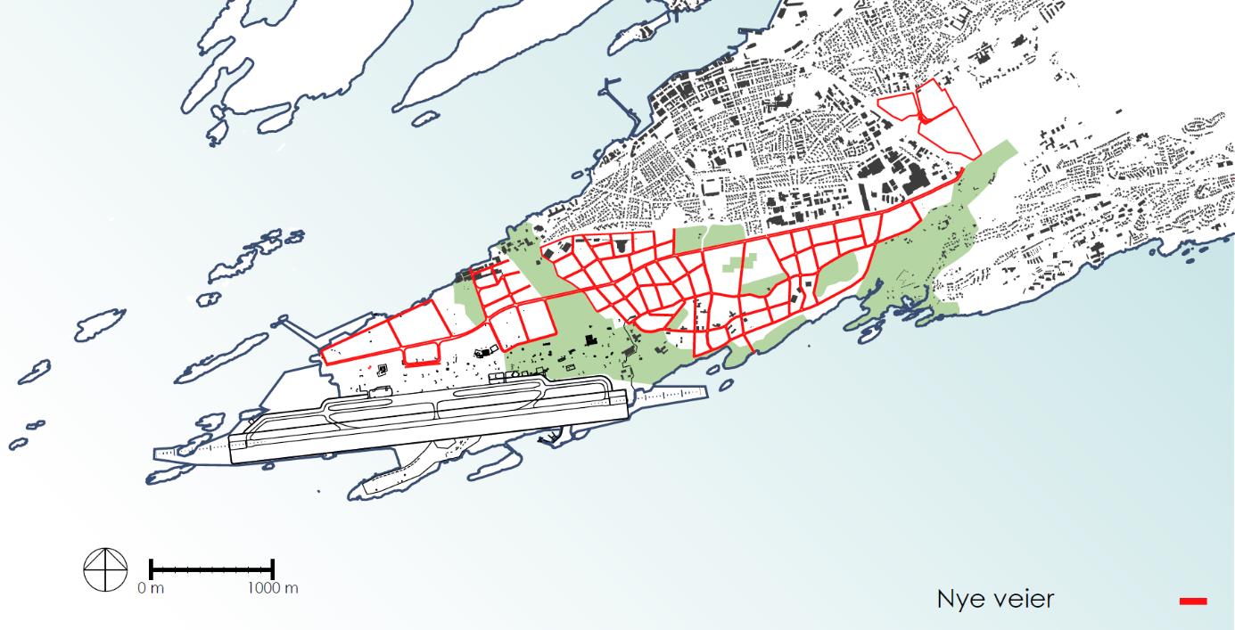 41 Figur 21 Foreslått vei- og gatenett med ny, gjennomgående firefelts hovedgate Eks. rv. 80 (Olav V s gate) mot flyplassen kan ev.