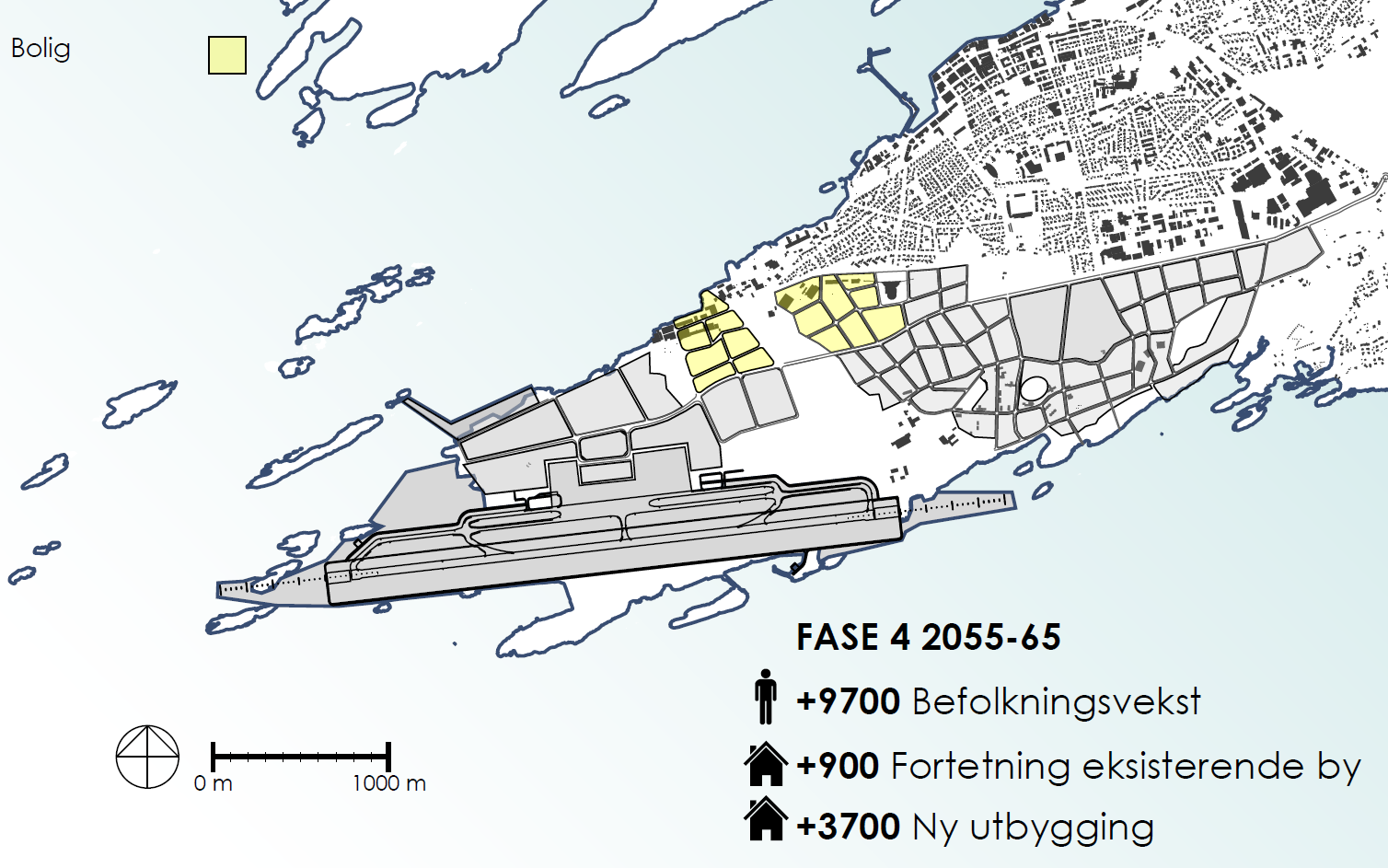 50 4.5.6 Fase 4: 2055 65 Boliger og sosial infrastruktur Behovet for nye boliger vil i perioden være 4600, hvorav 80 %, eller 3700 bygges på flyplassområdet.