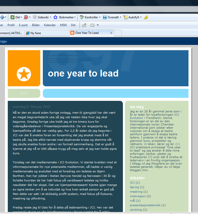 Nytt fra JCI Evolution Av Silje Veronica Færestrand, lokalpresident, JCI Evolution One Year To Lead Blog Som et tillegg til pressemeldinger prøver lederen for JCI Evolution å markedsføre foreningen