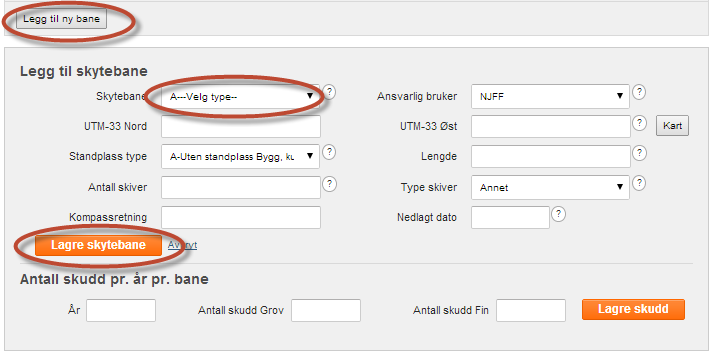 Hvordan legge inn skytebaner tilknyttet ett anlegg? Nå har du registrert ett eller flere anlegg. Da er tiden kommet for å legge inn skytebaner tilknyttet dette anlegget. Stå på anlegget.