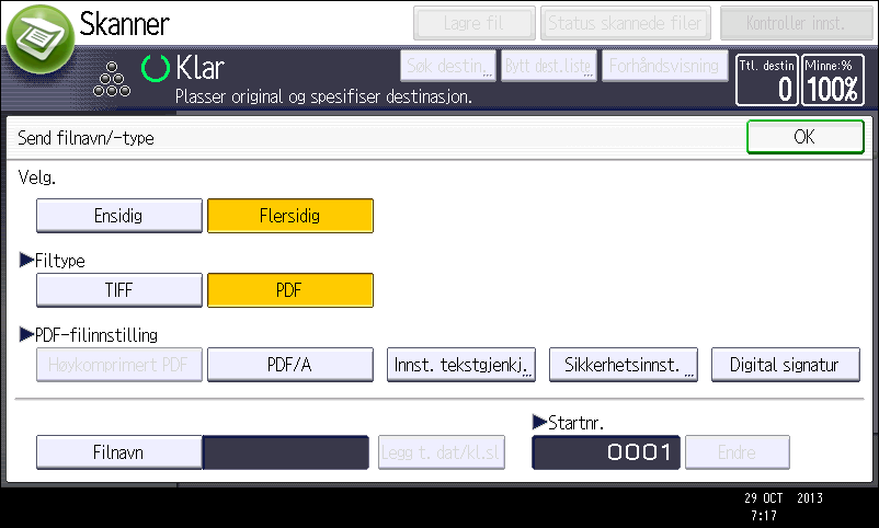 6. Skanner Angi filtype Denne delen beskriver fremgangsmåten for å angi filtypen til en fil du vil sende.