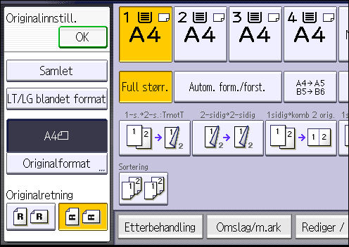 Kombinert kopiering Tosidig, 4 sider Kombiner 2side Kopierer to tosidige originaler til ett ark med 2 sider per side.