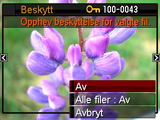 Beskytting av en fil mot sletting (Beskytt) Prosedyre [p] (PLAY) * [MENU] * PLAY-fane * Beskytt På Alle filer: På Beskytter spesifikke filer.