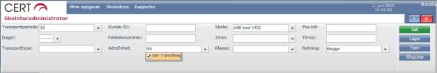 «Skoleskyss» «Skoleturadministrasjon» Her er det samme filter som kan benyttes for å hente frem de elevene dere ønsker, eller la filteret stå «tomt» og SØK frem alle