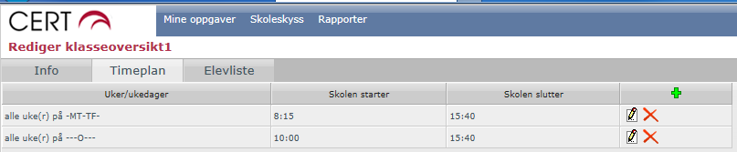 Ny Timeplan Klikk deretter på knappen Ny for å starte arbeidet med å legge inn ny timeplan/klassetid. Fyll deretter ut skjemaet, som vist i bildet under. NB!