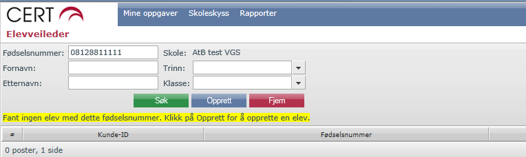 I vinduet «Søk etter elev», skal fødselsnummeret skrives inn for den aktuelle eleven i feltet «Fødselsnummer» (11 siffer). Trykk deretter på «Søk».