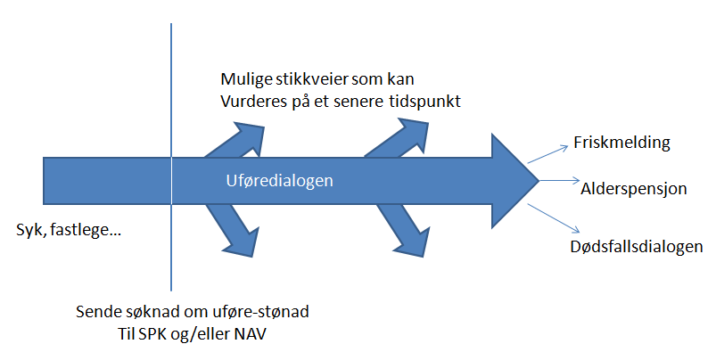 o Periodisk sjekk av arbeidsevne Avsluttes ved: o Friskmelding o Alderspensjon o eller død På veien kommer vi til å finne mange "stikkveier" som kan være interessante, men fokus er viktig og bare de