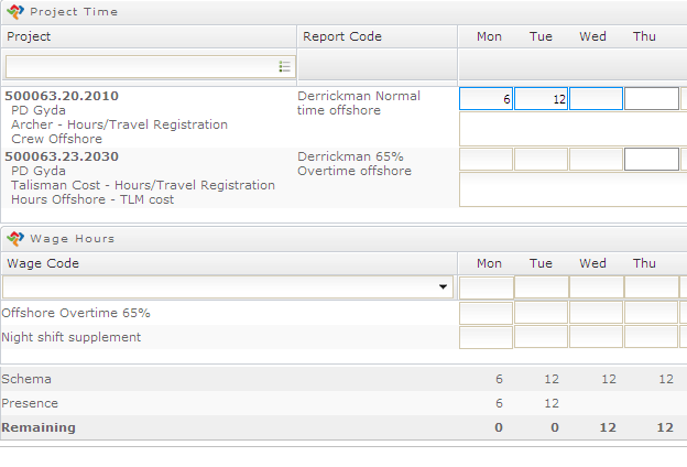 Schema, prescence og remaining Schema: Hvis du skal føre timer for din ordinære offshoreperiode ser du at systemet på forhånd veit hvor mange timer du skal jobbe og hvilke dager.