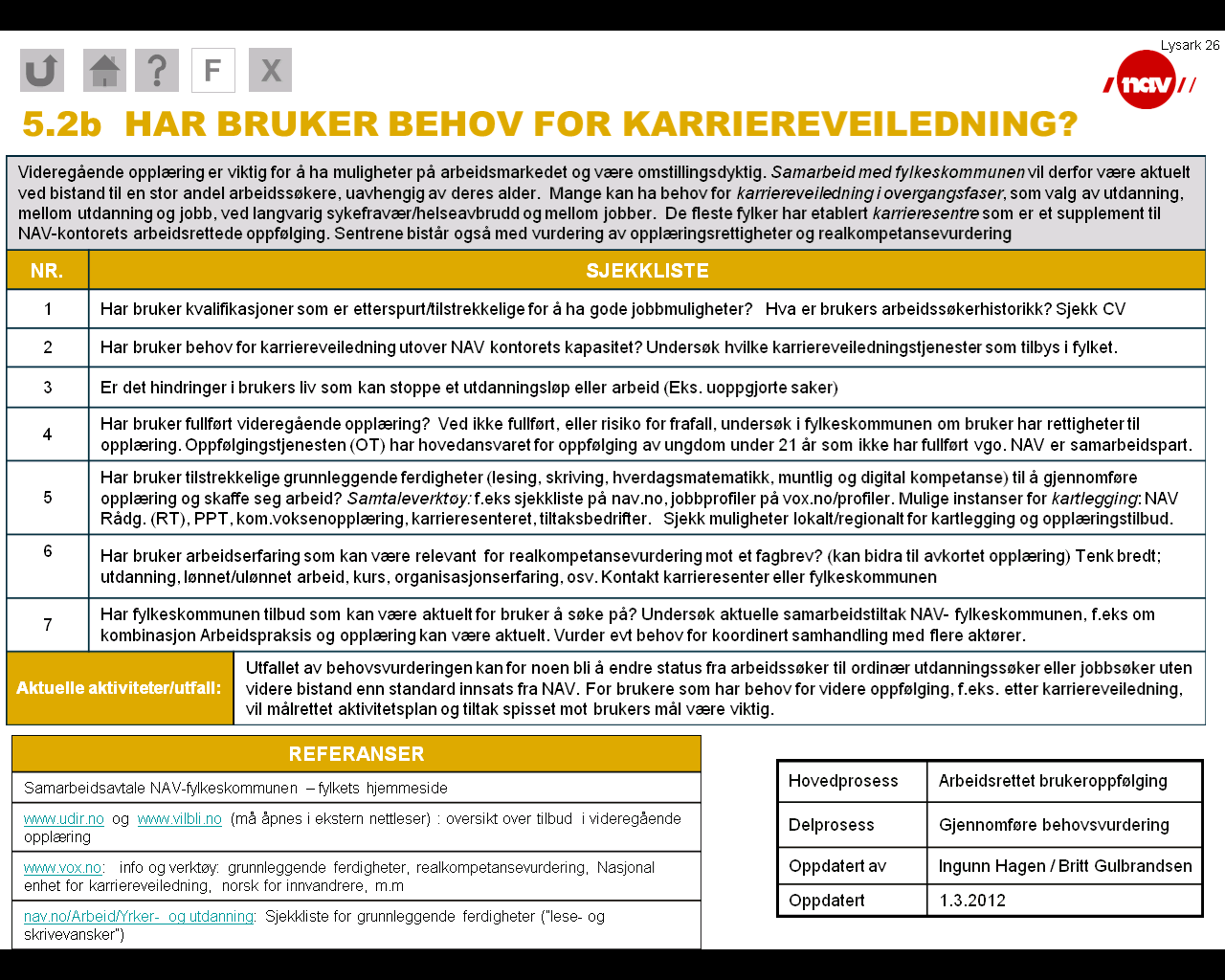 karrieresentrene som kan gi mer spesialisert karriereveiledning. Når bruker har behov for bistand for å komme i arbeid henviser NAV ofte til arbeidsrettede tiltak.