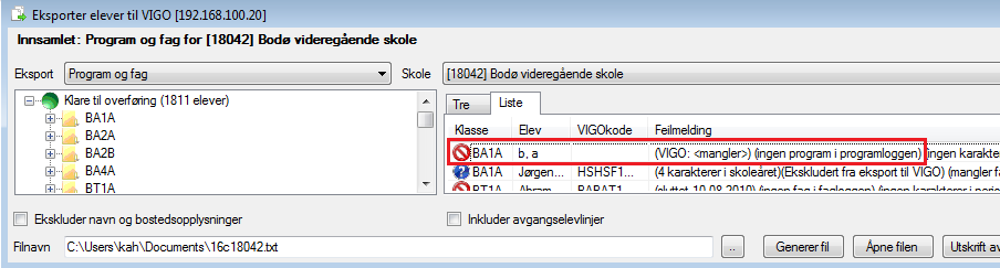 Kontroller Dersom studenter mangler kode i feltet Elevens VIGO kode vil det komme melding om dette på eksport-loggen i forbindelse med overføring til Vigo.