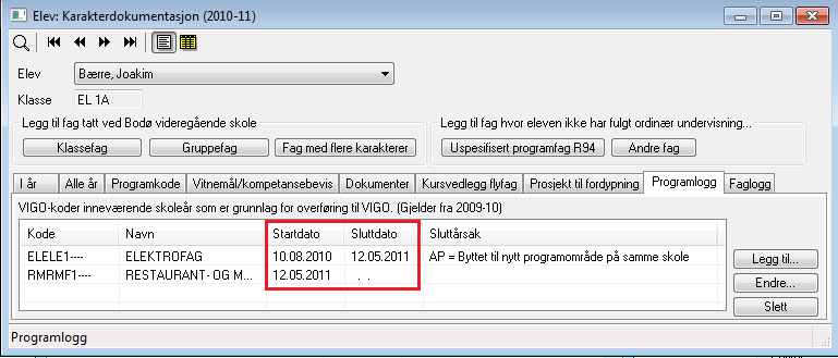 Startdatoen (dato i feltet Begynt) får standardverdi lik registreringsdatoen. Datoen kan overstyres.