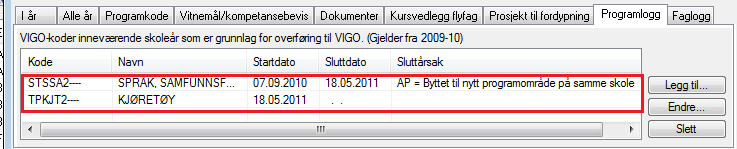 Fra Modul>Elev>Elev (se ovenfor) går man til nedtrekkslisten på feltet Elevens VIGO kode og velger ny kode: Her finner man det nye programområdet fra nedtrekkslisten.