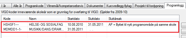 Resultatet sees i Program til Vigo fra Modul>Elev>Karakterdokumentasjon: Merk: Uavhengig av avbruddsårsak kan avbruddsårsaken redigeres fra Modul > Elev > Karakterdokumentasjon, under skillearket