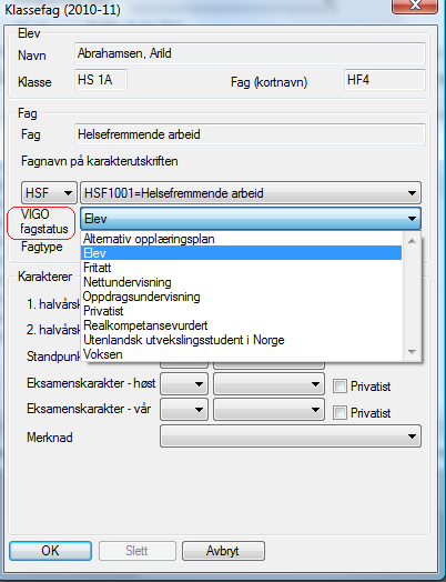 Variabel Feltnavn i TP Definisjon Gyldige koder Fagstatus (i Fagskolen er dette Modulstatus) Fagstatus Studentens status på en gitt modul. E = Elev.